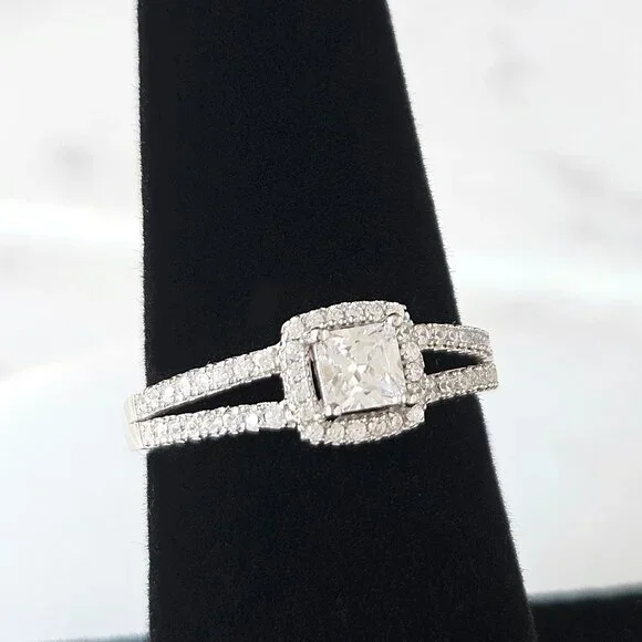 Princess Cut Halo Ring -  925 Sterling Silver Engagement / Promise - Picture 2 of 5